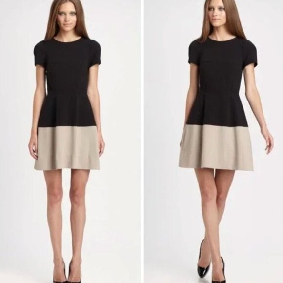 BCBGMAXAZRIA Hannah Dress Black Tan Brown Colorblock Color Block Fit Flare Mini - Picture 4 of 16